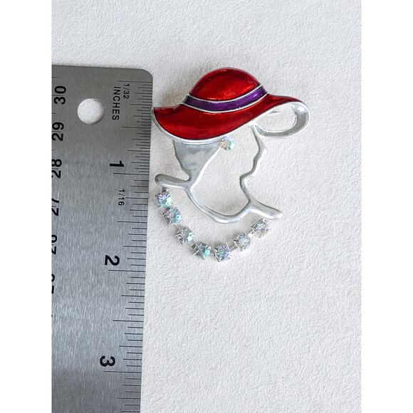 Vintage Lady Red Hat Brooch Pin Enamel Aurora Borealis Crystal Silver Tone - Picture 6 of 6